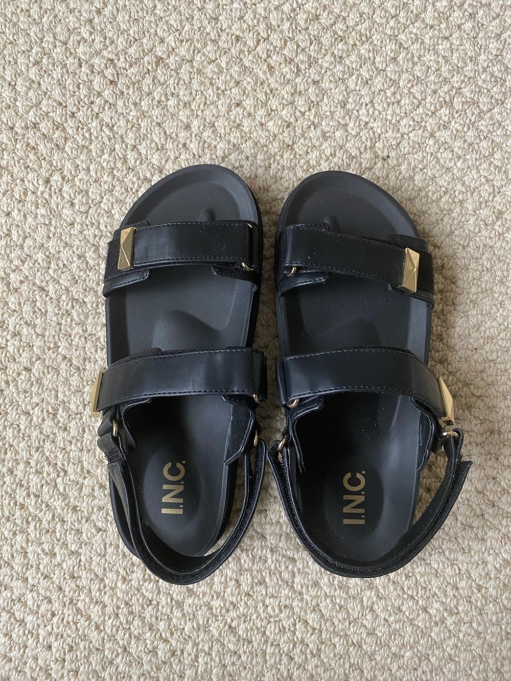 INC International Concepts Black Sandals with Gold Accent Studs